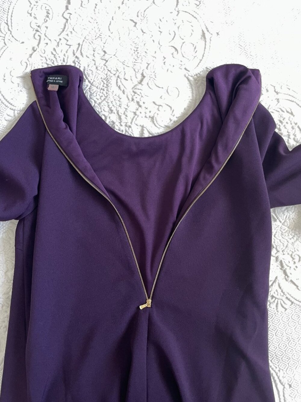 Tahari ASL Embellished Neck Stretch Crepe Mini Dress Pleated Bell Sleeves 10 - Picture 11 of 13